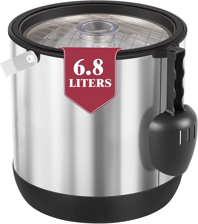 7QT/6.8LDouble-Wall Insulated Ice Bucket with Scoop & Lid, Large Capacity Stainless Steel Beverage Bucket for Party Cocktail Bar, Champagnes (Black)