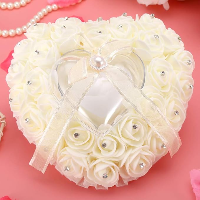 Hilitand Wedding Cushion Pillow Romantic Heart Shaped Wedding Box Rose Rhinestone Decorative Jewellery Boxes(Milky White)