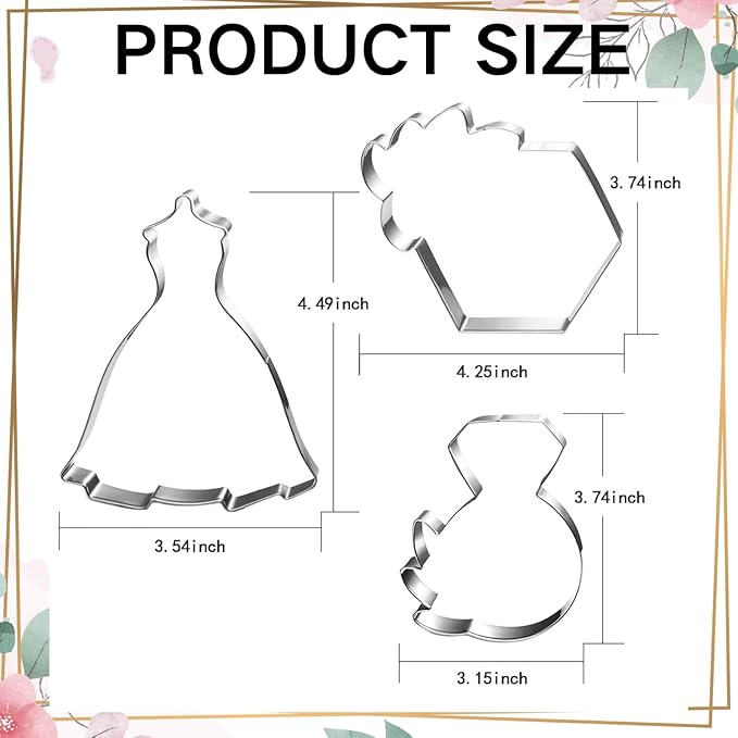 New Green Wedding Cookie Cutter Set-3 Pieces-Wedding Dress, Diamond Ring, Hexagon Cookie Cutter with Leaf-Dishwasher Safe Fondant Cookie Cutters