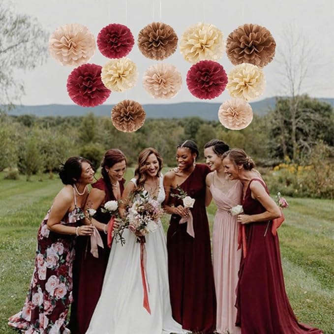 Capesaro Burgundy Beige 12PCS Paper Pom Poms Party Decorations for Engagement,Boho Wedding,Baby Shower