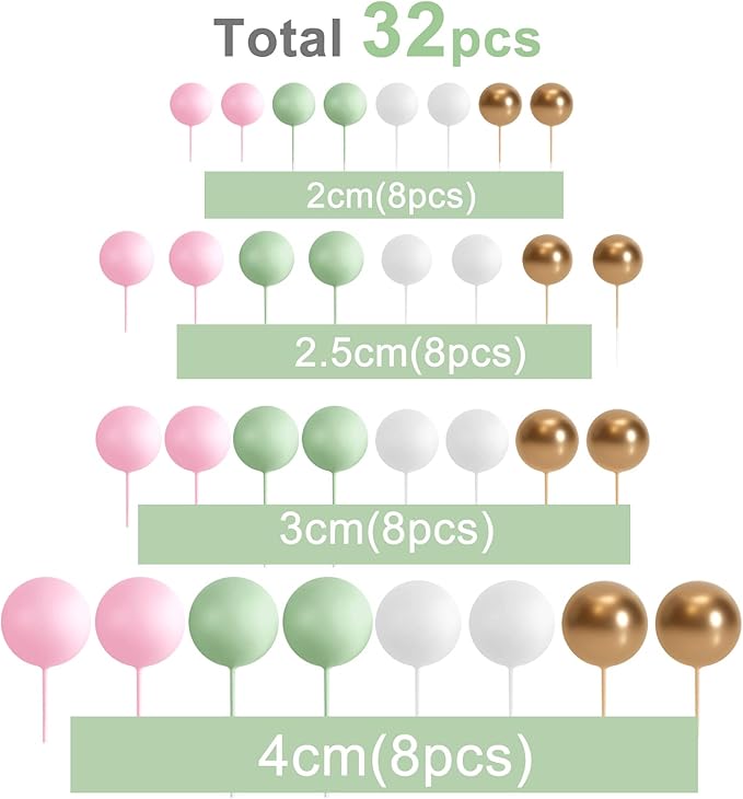 ASTARON Ball Cake Topper, 32 Pcs Foam & Wire Decorations, Mini Balloons Cake Topper Sticks, 4 Colors & Sizes for Wedding Party Birthday Cake Decorating