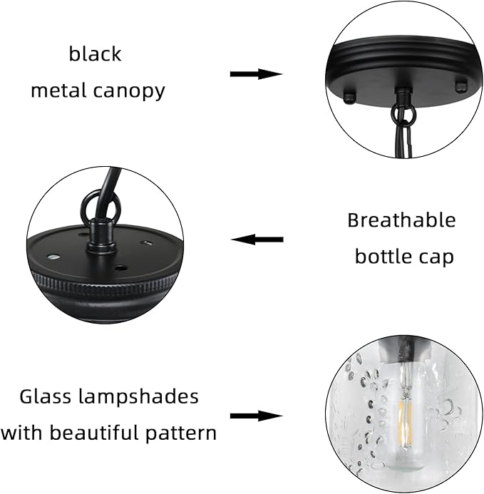 Glass Mason Jar Light Fixtures - Single Pendant Ceiling Light 1-Light Flush Mount - Black Country Farmhouse Lights for Kitchen Dining Room Foyer Stairway Hallway Entryway Porch
