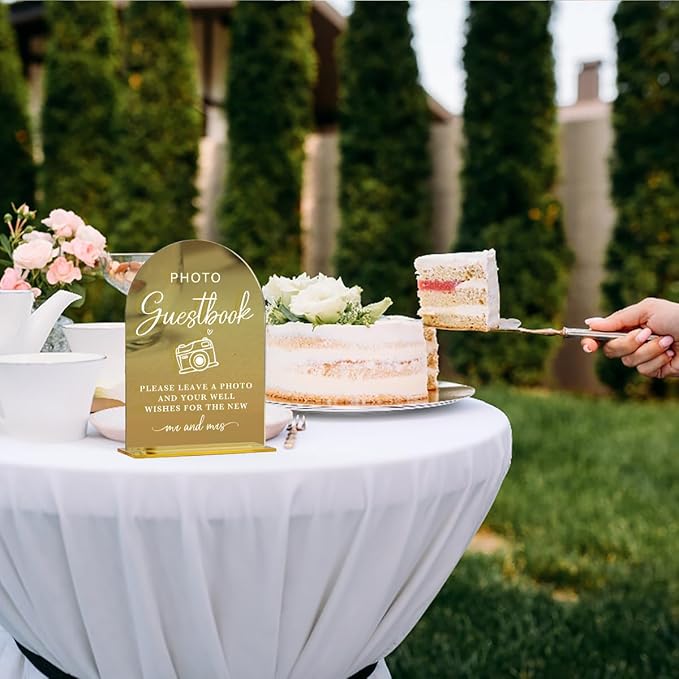Acrylic Wedding Sign, Bridal Shower Decorations, Photo Guestbook Sign for Ceremony, Modern Font Table Signs, Gold Mirror Arched Acrylic Tabletop Signs for Wedding Reception and Event Party