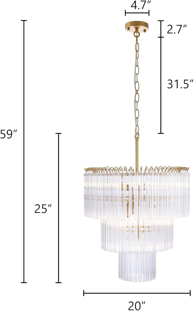 Wellmet 20 inch Crystal Chandelier, Contemporary Modern Bathroom Chandeliers, 7-Light Adjustable Hanging Round Glass Ceiling Light for Bedroom, Entryway, Dining Room, Foyer (Glass Tube)