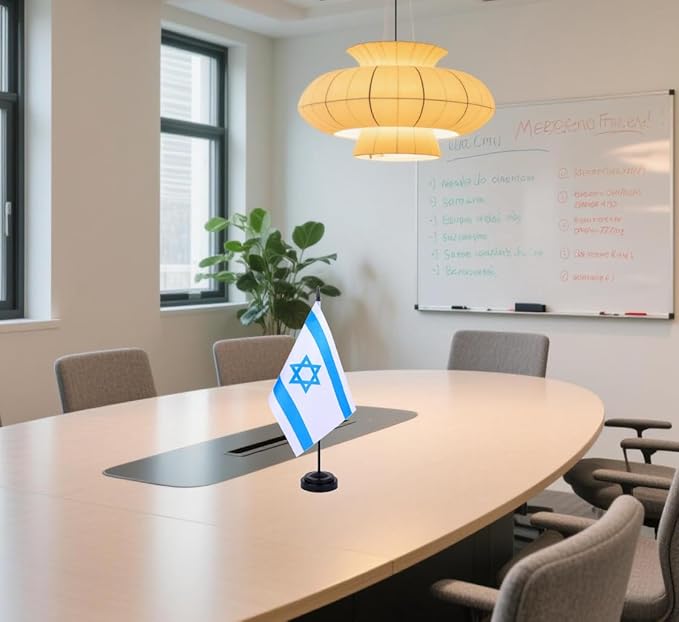Israel Desk Flag 12" Solid Pole Deluxe Set Israeli Flags Banner Mini Small Israel Office Table Flags with Black Stand Base Desktop Decorations(2Pack)
