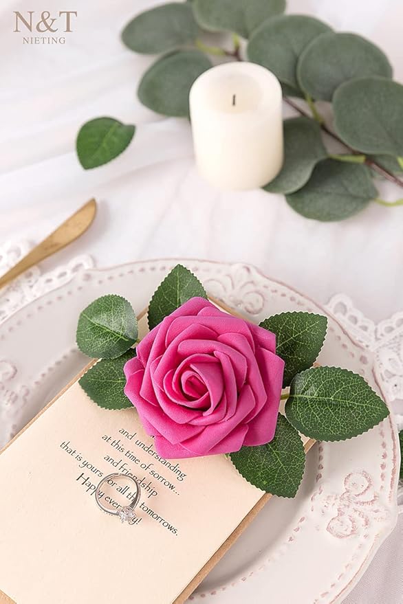 N&T NIETING Artificial Flowers, Foam Roses Perfect for DIY Wedding Bridal Bouquets Centerpieces Bridal Shower Party Home Flower Arrangement Decor 25Pcs, Hot Pink