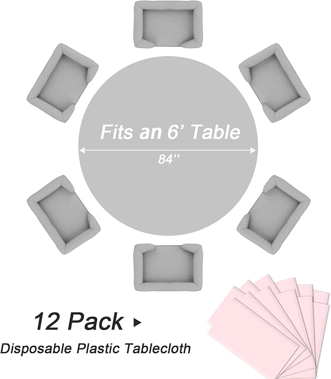 QIKSION Pink Round Tablecloth 12 Pack, 84 Inch Plastic Table Cloth Disposable for Parties