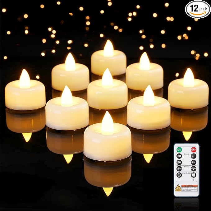 Amagic 12 Pack Remote Candles, Tea Lights with Timer, 400+Hours Flickering Flameless Battery Operated LED TeaLights Candles with Remote for Table Centerpieces, Home Decor, Wedding, Party (White)
