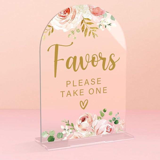 Acrylic Wedding Signs, Bridal Shower Decorations, Modern Calligraphy Arch Acrylic Table Top Sign for Wedding Reception and Engagement Parties - Favors Please Take One (Clear Pink Flowers)