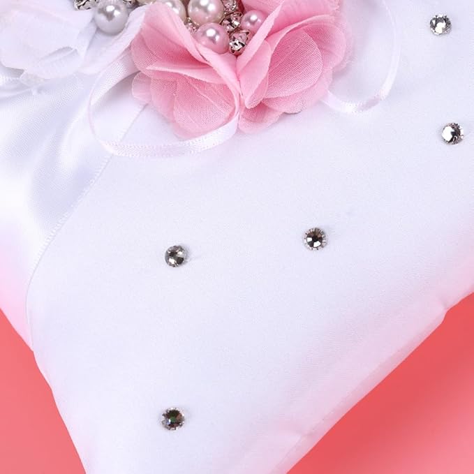 Wedding Ring Pillow Cushion with Pearl and Flower Decoration Elegant White Pink Ring Bearer Pillow for Wedding Ceremonies and Special Occasions