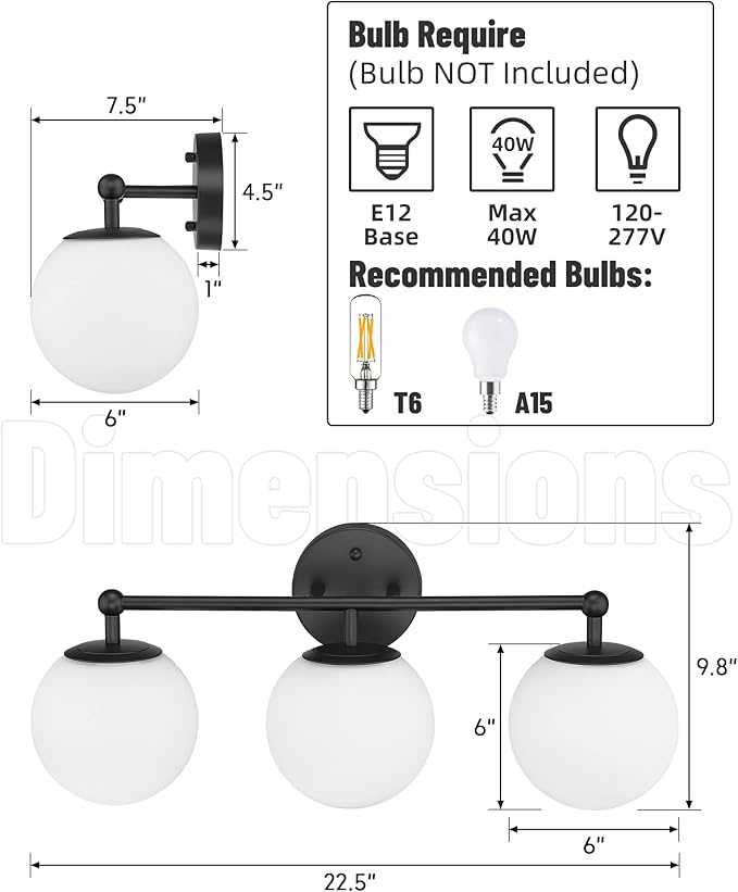 Black Vanity Lights for Bathroom, Farmhouse Bathroom Light Fixtures 3-Light Over Mirror with Milky Glass Globe Shade, KW-7307-3