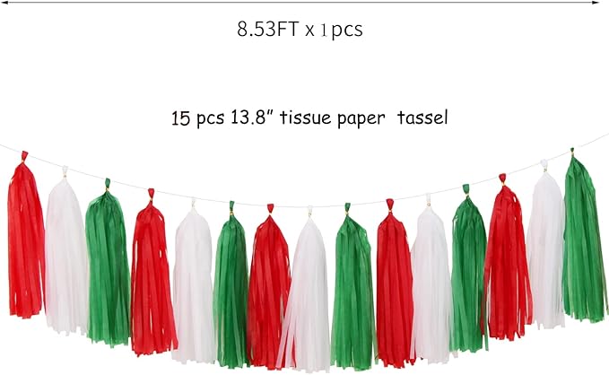 Red-Green White Christmas Party-Decorations Tassel-Garland -15pcs Mexico Italy Tassels Banner Streamers,Mexican Italian Birthday Wedding Baby Shower Decor Panduola