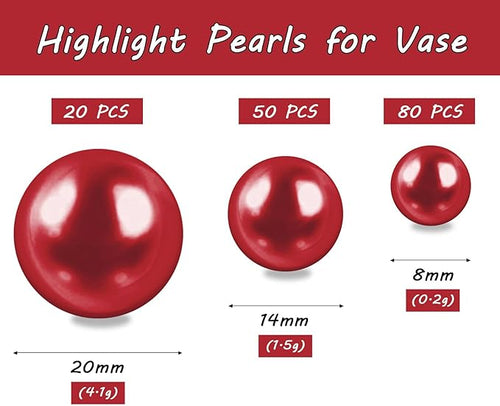 150Pcs Red Polished No Hole Faux Pearl Beads for Vase Filling Decorations, Plastic Pearls Vase Fillers, Table Scatters, Wedding Centerpiece, Home Decor, 8/14/20 mm