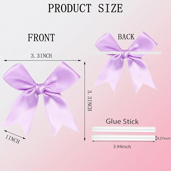 50 PCS Twist Tie Bows Satin Ribbon Bows 3.3 Inch Gift Wrap Bows Craft Bows for Gift Wrapping, Party Decorations Gifts Bag DIY Treat Bags Wedding Decor Baby Shower Christmas (Light Purple)