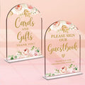 2 Pcs Acrylic Wedding Signs for Reception, Bridal Shower Decorations, Cards and Gifts Signs, Guest Book Sign, Arch Acrylic Table Top Sign with Holder for Wedding Reception (Clear Pink Flowers)