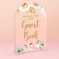 Acrylic Wedding Signs, Bridal Shower Decorations, Please Sign Our Guestbook Signs for Reception, Modern Calligraphy Arch Acrylic Table Top Sign for Wedding Reception (Clear Pink Flowers)