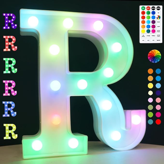 Light Up Colorful LED Marquee Letter lights, 18 Colors Changing Alphabet Letters Sign with Remote Timer for Night Light Girls Bedroom Wedding Birthday Party Lamp Christmas Home Bar Decor- Colorful R