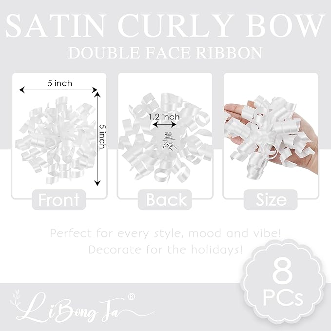 5 Inch White Gift Bow Curly Ribbon Bows Set of 8, Double Faced Satin Ribbon Bow Premade Self Adhesive Bow Decorations for Party, Wedding, Holiday, Gift Bows for Crafts, Wine Bottle, Presents