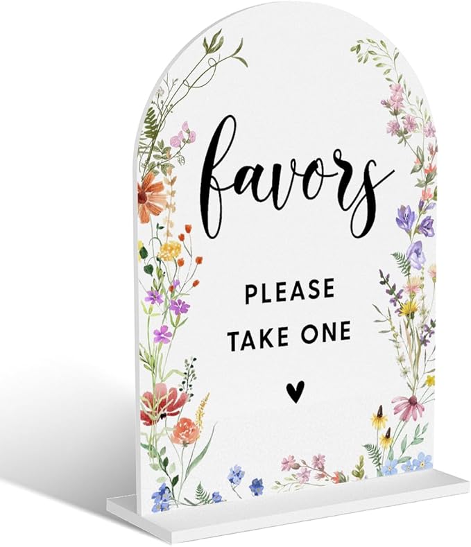 Acrylic Wedding Signs, Favors Please Take One Signs for Marriage Reception, Bridal Shower Decorations, Modern Arched Round Top Acrylic Table Top Sign with Holder for Wedding Party (White Wildflowers)