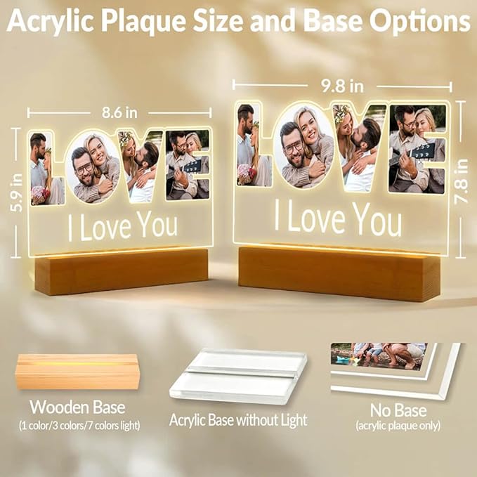 Personalized Anniversary Couple Gifts for Women Men, Custom Picture Frames with Photo, Customized Photo Frame with Night Light, Personalized Birthday Gifts for Her Him Girlfriend Boyfriend