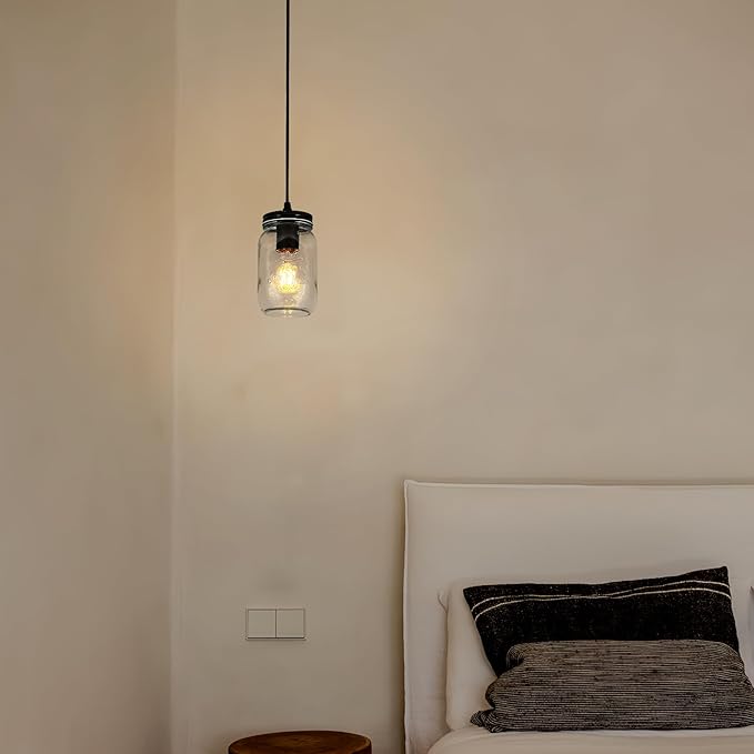 Black Pendant Lights, 2 Pack Clear Glass Pendant Lights Kitchen Island, Farmhouse Mason Jar Pendant Lighting, Mini Hanging Lights for Kitchen Sink Dining Room Bedroom Hallway