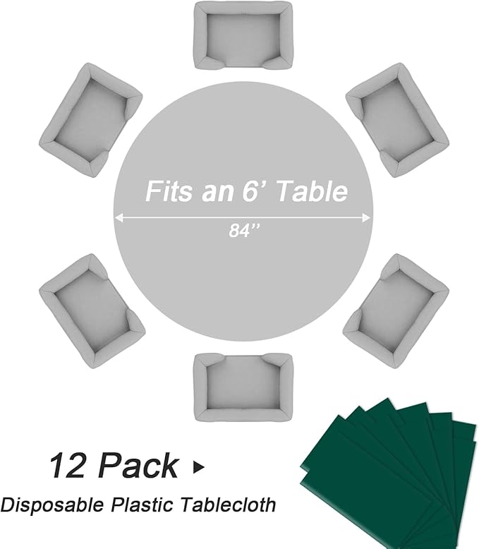 QIKSION Dark Green Round Tablecloth 12 Pack, 84 Inch Plastic Table Cover Disposable for Parties