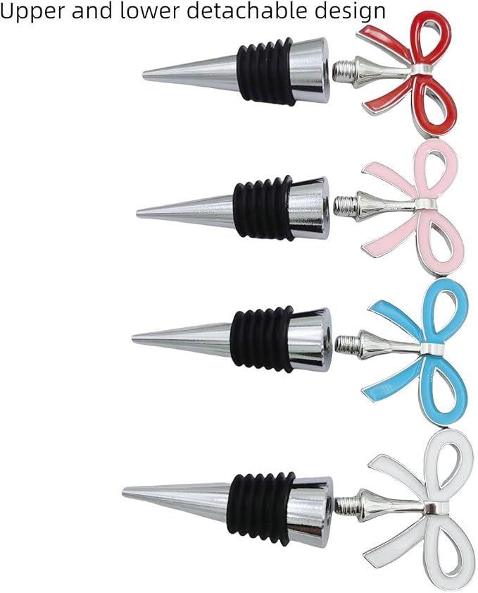 Cute Bow Wine Stopper Set of 4, Decorative Removable Metal Wine Bottle Stopper, Reusable Vacuum Bottle Corks with Silicone for Women, Gift, Christmas, Holiday Party - Silver