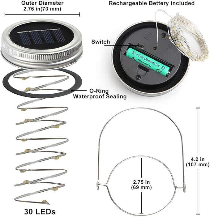Urvoix Solar Mason Jar Lights - 12 Pack 30 Led Waterproof Jar Lids String Lights with 12 Handle, Perfect for Outdoor Garden Backyard Decorations
