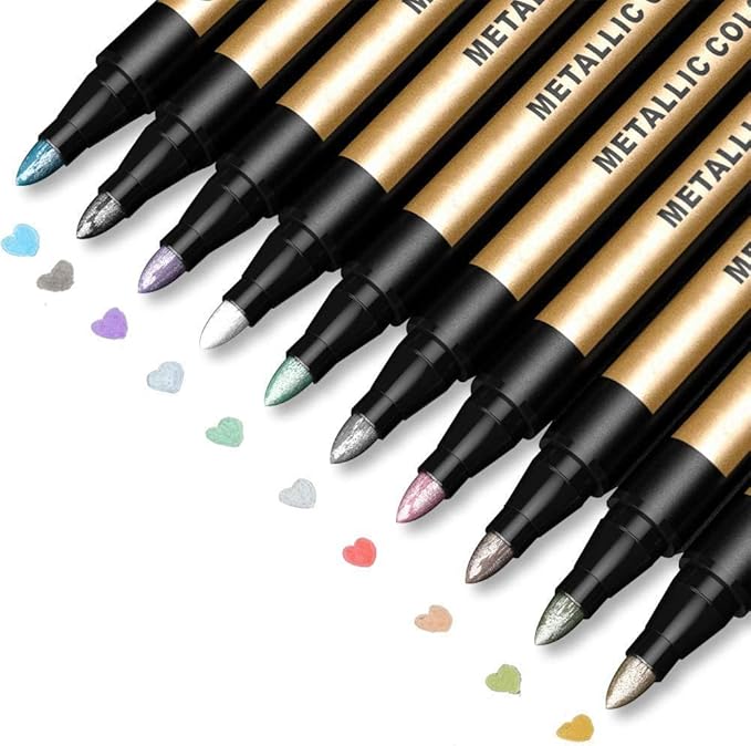JR.WHITE Metallic Paint Markers, 10 Colors for Rock Painting, Black Paper, Scrapbook, Photo Album, DIY Arts & Crafts, Glass, Wood, Card Making