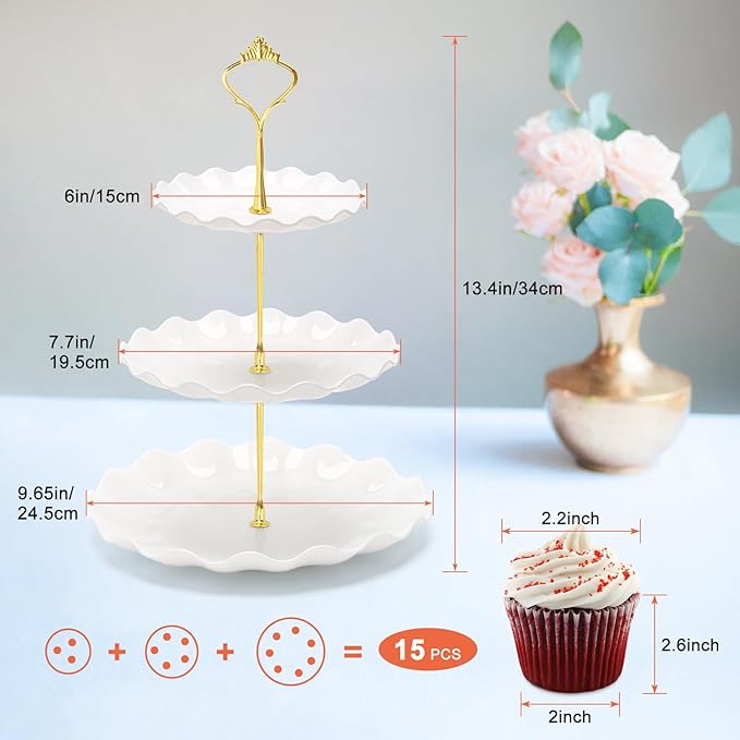 Coitak 3 Tier Cupcake Stand, Plastic Tiered Serving Stand, Dessert Tower Tray for Tea Party, Baby Shower and Wedding (Wavy-Metal Rod)