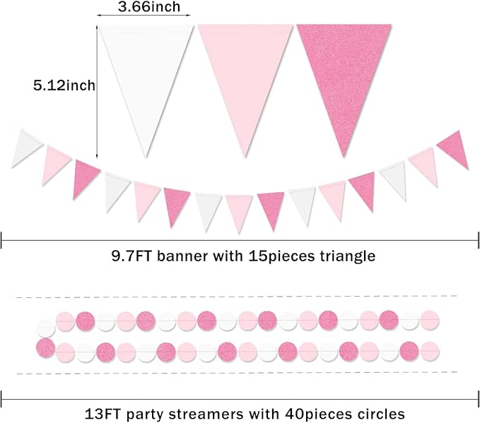 Hot Pink White Party Decorations - 23pcs Tissue Paper Flower Pom Poms Tassel Garland Pennant Banner Flags Streamers Women Girl Birthday Baby Bridal Shower Engagement Bachelorette Wedding Hanging Decor