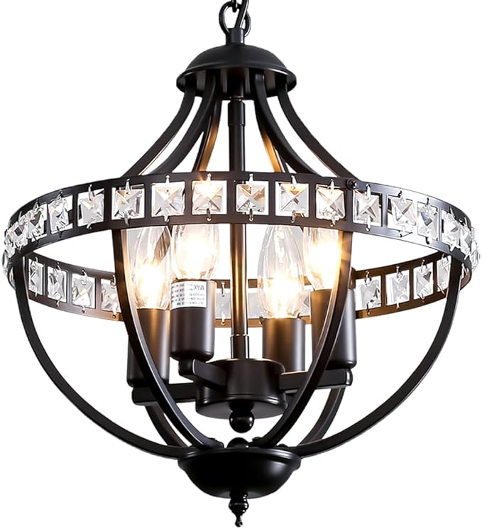 Crystal Chandelier Light Fixtures, 4-Lights Farmhouse Rustic Vintage Black Pendant Hanging Lighting Ceiling Chandeliers for Kitchen Island Dining Room Living Room Bedroom Foyer Hallway