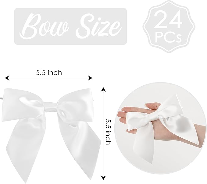 AIMUDI White Satin Bows 5.5" Bows for Gift Wrapping Satin Twist Tie Bows Premade Ribbon Bows for Treat Bags Invitations Baskets Crafts Wreaths Wedding Birthday Baby Shower Party Decorations, 24 PCs