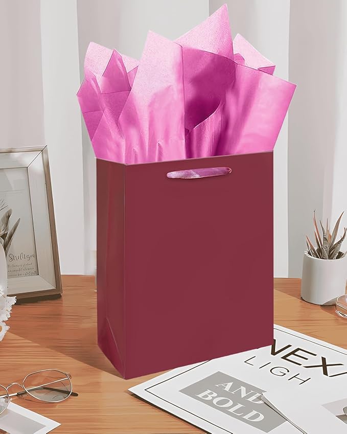 Gcardist Dark Purple Gift Bags with Tissue Paper for Wedding, Birthday, Party Supplies-7.9"x4.3"x9.6" Medium Size Cardboard Gift Bag（5pcs Bags +10pcs Tissue Paper ）