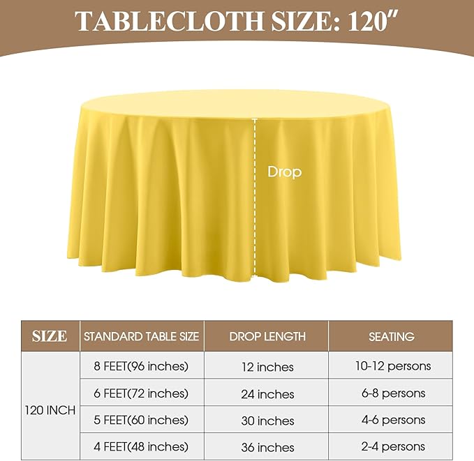 Round Tablecloth 120 Inch 6 Pack Yellow Tablecloths Washable Decorative Linen Polyester Table Clothes Cover for Dining Table Banquets Buffet Parties and Wedding