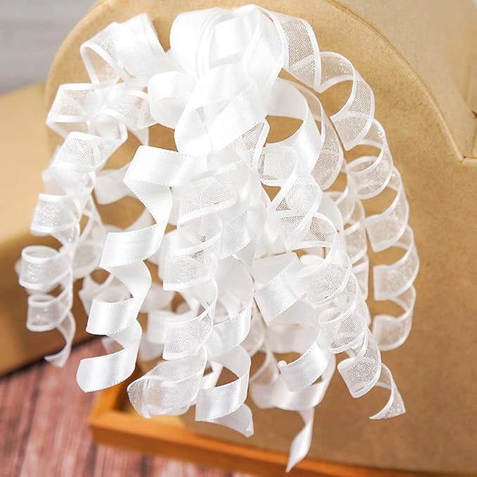 CT CRAFT LLC White Satin and Sheer Curly Ribbon Bow 6" Long x 6 Counts Gift Wrapping Pre-Tied Self-Adhesive Tab for Birthday Present Box Wine Bottle Baby Shower Party Christmas Hanukah