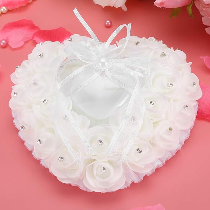 Hilitand Wedding Ring Cushion Pillow Romantic Heart Shaped Wedding Ring Box Rose Rhinestone Decorative Jewellery Boxes(White)