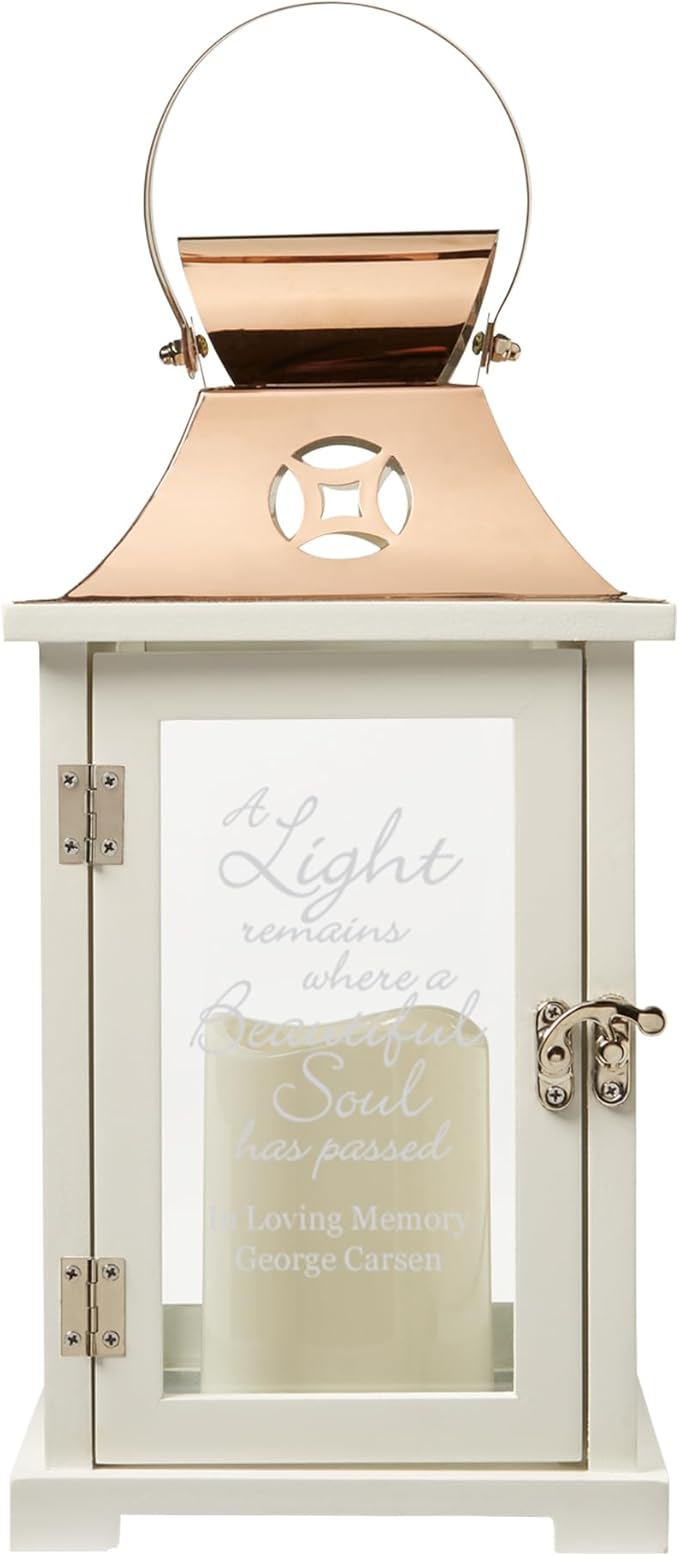 Let's Make Memories Personalized Memorial Lantern - Sympathy - Condolences - LED Candle - Automatic Timer - Wood/Stainless Steel - Copper Finish - A Light Remains