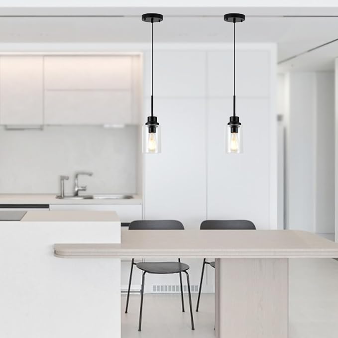 Island Lights for Kitchen,Modern Black Farmhouse Clear Glass Cylinder Pendant Light Fixture,Mini Pendant Lighting for Kitchen Island