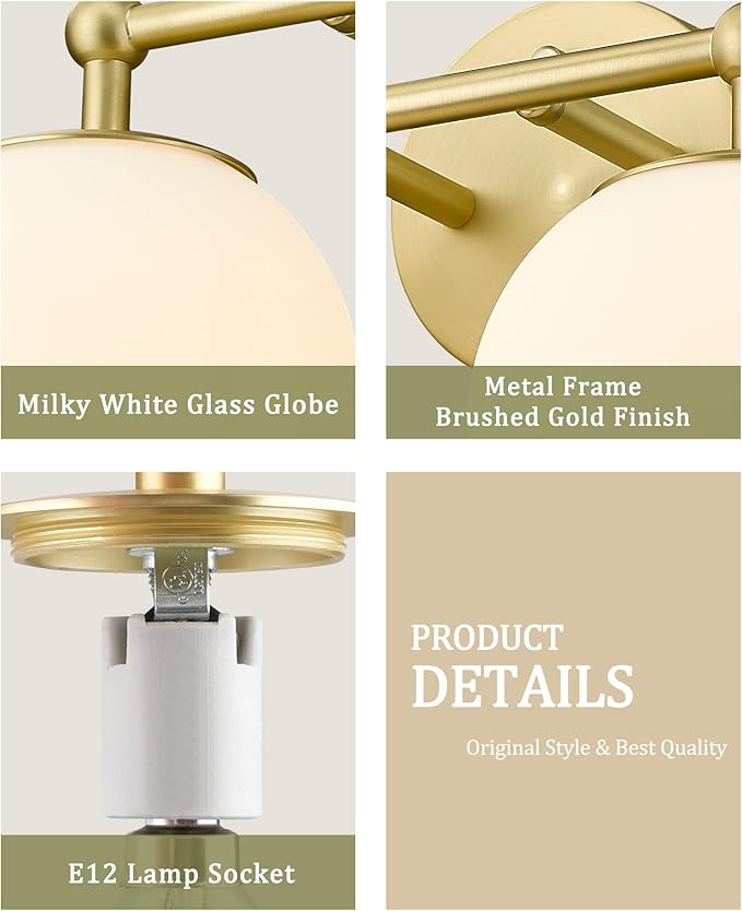 Gold Bathroom Light Fixtures, 2-Light Vanity Lights Over Mirror Wall Sconce with White Etched Glass Globe, KW-7308-2