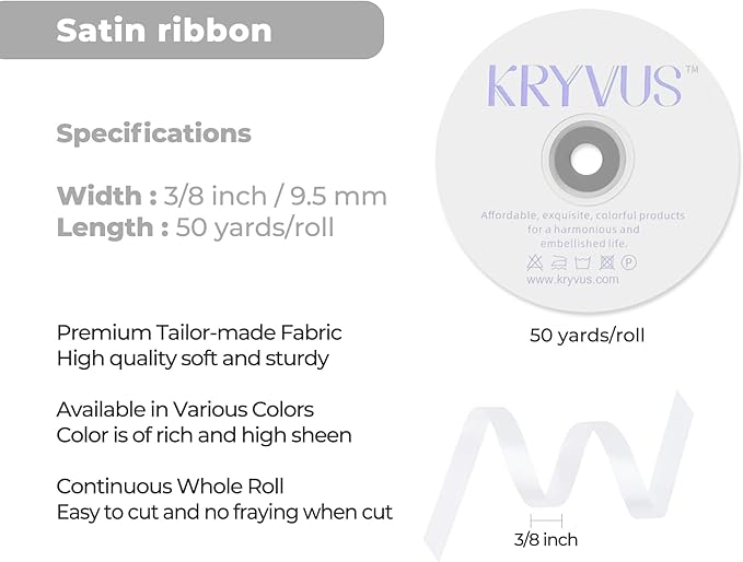 White Satin Ribbon 3/8 inch X Continuous 50 Yards, Single Face Polyester Ribbon Perfect for Gift Wrapping, Flower Bouquet, Wedding Decor, Crafts, Bow Making, Sewing and More