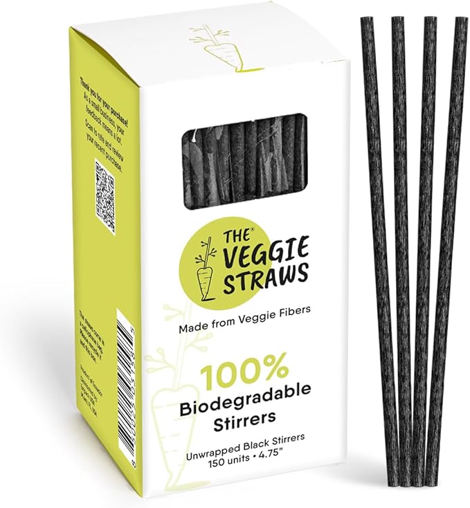 – 150 PCS of 4.75 Inches Unwrapped Black Biodegradable Drink Stirrers – Made of Vegetable Fibers, Best Cocktail Stirrers for Drinks of All Kinds