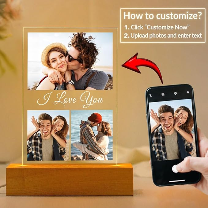 Personalized Anniversary Couple Gifts for Women & Men, Custom Picture Frames with Photo, Personalized Photo Frame with Night Light, Custom Birthday Gifts for Her Him Girlfriend Boyfriend