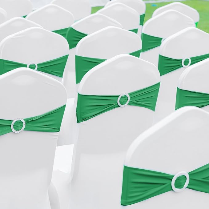 CHENGU 150 Pieces Spandex Stretch Chair Sashes Bows Elastic Chair Cover Bands Ties with Buckle Slider for Wedding Party Reception Events Universal Ceremony Banquet Decorations (Green)