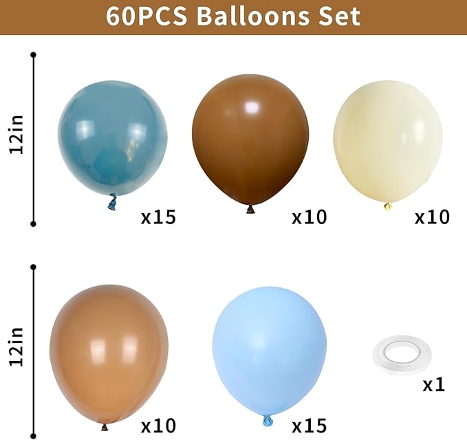 Blue Brown Balloons Set, 60 PCS Slate Blue Macaron Blue Cream Beige Party Balloons and Retro Brown Coffee Latex Helium Balloon, for Baby Shower, Bear, Jungle and Boho Theme Party Decoration