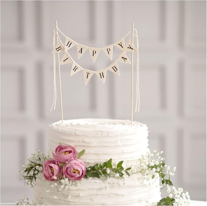 Happy Birthday Cake Bunting Topper Cake Topper Garland, Handmade Pennant Flags with Wood Pole Ivory (Without Pink Rose)