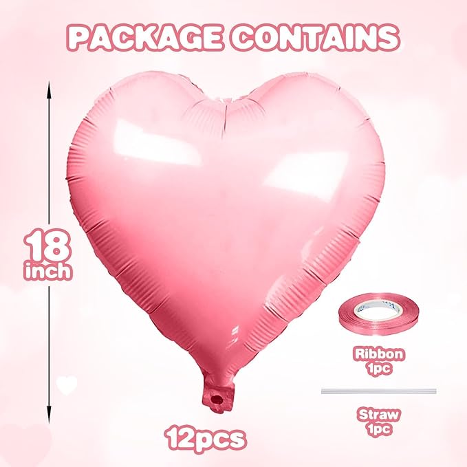 12 Pcs Heart Balloons, 18 inch Pink Heart Shaped Balloons, Big Helium Balloon,Love Foil Balloon for Wedding Baby Shower Anniversary Backdrop Valentine Party Decoration