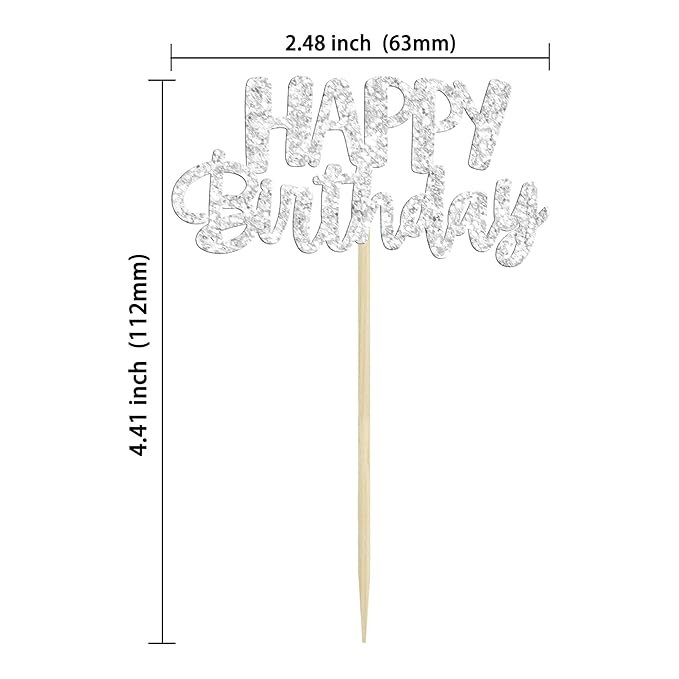 Gyufise 24Pcs Happy Birthday Cupcake Toppers Silver Glitter Birthday Cake Decorations Picks for Celebrating Birthday Party Decorations Supplies