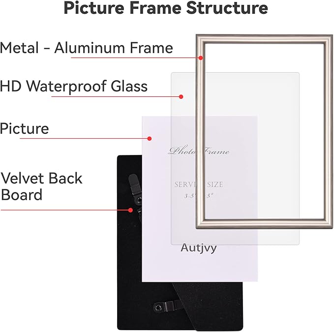 5x7 Picture Frame Champagne Brushed Modern Simple Thin Aluminum Metal Photo Frame with HD Real Glass, Display for Tabletop and Wall Collage. (2 Pack)