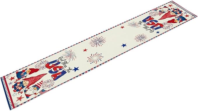 Cute Patriotic Gnomes Table Runner, American Independence Day 4th of July Gnome Blue Red Fireworks Confetti Print Table Runner for Home Kitchen Dining Table Party Decor, 13x60inch